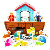 Noah's Ark Shape Sorter Playset | Biblical Education Toy For Kids | Includes 7 Animal Pairs: Hippos, Lions, Giraffes, Zebras, Elephants, and More | Improves Problem Solving and Fine Motor Skills