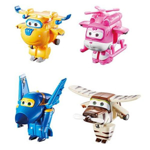 Super Wings - 2" Transform-A-Robots 4-Pack Donnie, Dizzy, Jerome, and Bello | Airplane Toys Mini Action Figures| Preschool Toy Plane for 3 4 5 Year Old Boys and Girls | Kids Birthday Gifts