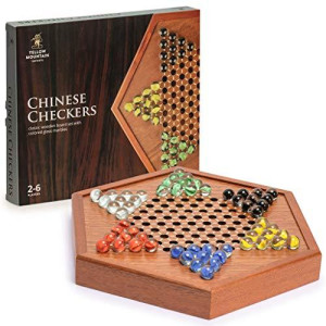 Yellow Mountain Imports Wooden Chinese Checkers Halma Board Game Set - 12.7 Inches - with Drawers and Glass Marbles - Made