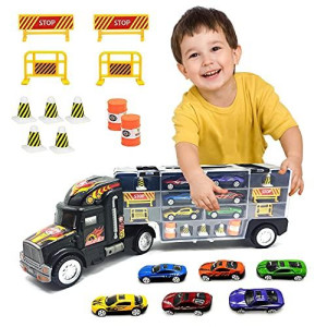 Toy Truck Transport Car Carrier Toy for Boys and Girls Age 3 - 10 yrs Old - Hauler Truck Includes 6 Toy Cars and Accessories - Car Truck Fits 28 Car Slots - Ideal Gift for Kids
