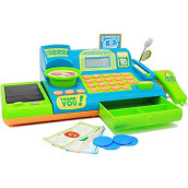 Boley Blue Toy Cash Register Playset - 19pc Kids Play Cash Register with Scanner and Credit Card Reader
