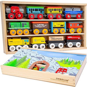Orbrium Toys 12 (20 Pcs) Wooden Train Cars for Kids + Dual-use Wooden Box Cover/Tunnel Wooden Train Set Trains Toy Compatible with Thomas Wooden Railway, Brio
