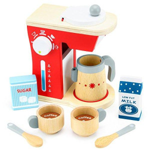 Wood Eats! Good Mornings Coffee Maker 10pc Playset - Wooden Machine with Kettle, 2 Cups, 2 Pod Capsules, 2 Spoons, Milk, & Sugar - Pretend Play Kitchen Appliances by Imagination Generation