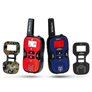 Walkie Talkies for Kids - Set of 2 Long-Range 22 Channel Portable Radios w/Built-in Flashlight, LCD Screen & 8 Interchangeable Theme Plates - Play Police, Spy, Fireman & Army Soldier