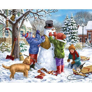 Bits and Pieces - 300 Large Piece Jigsaw Puzzle for Adults - Building a Snowman on a Snow Day - 300 pc Winter Scene Jigsaw by Artist Liz Goodrick-Dillon