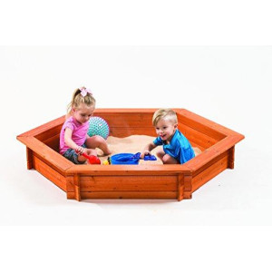 Hexagon Wooden Sandbox w Seat Boards | Eco-Friendly Cover & Ground Liner | 59" x 51" x 9" | 3/4" Cedar Boards | Easy DIY Assembly | Holds 300+ lbs of Sand | Natural Cedar Beauty Built To Last