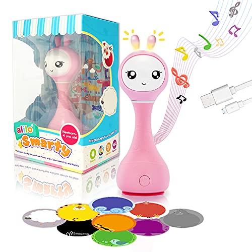 alilo Smarty Bunny Shake & Tell Newborn Musical Toy Rattle Teether with Color Learning / Music / Song / Bedtime Story, Chew-Safe Luminous Ears, BPA Free for Kids and Baby (Pink)