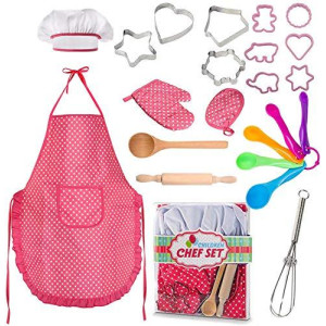Famoby 22 Pcs Kids Cooking and Baking Set - Includes Apron for Girls,Chef Hat,Oven Mitt and Other Cooking Utensils for Toddler Chef Career Role Play,Girls Dress up Pretend Play Gift