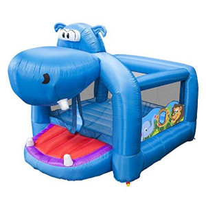Banzai Happy Hippo Kids Giant Outside Inflatable Bouncer Backyard Blow Up Jumping Bouncing House for Children with Mesh Walls, Blower Pump Included