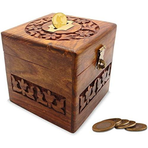 WhopperIndia Wooden Handmade Coins Storage Money Bank with Carving Work Piggy Bank for Kids 4 X 4 Inch