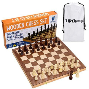 LifeChamp 15 Wooden Chess Set for Adults and Kids - Algebraic Notation, Handcrafted Wood Pieces, 2 Additional Queens, Portable Foldable Board Game