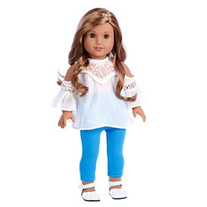 DreamWorld Collections - Trendy Girl - Clothes Fits 18 Inch Doll - 3 Piece Outfit - White Cotton Blouse, Turquoise Leggings and White Shoes (Dolls Not Included)