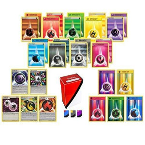 100 Pokemon Energy Cards includes 90 Basic Energy Cards, 5 Holo Energy Cards, 5 Special Non-Basic Energy Cards and Totem Deck Box