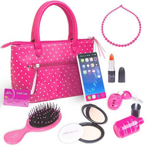 PixieCrush Pretend Play Purse Set for Kids with Handbag, Fake Smart Phone, Remote Keys, Credit Card, Fake Makeup | Comes in an Attractive Pink Purse