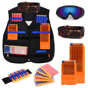 Forliver Kids Tactical Vest Kit for Nerf Guns, N-strike Elite Series with 50 Bullets Refill Darts + 2 Reload Bullet Clips + Face Tube Mask + Protective Glasses + hand wrist band