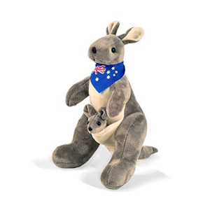 BOHS Stuffed Gray Kangaroo with Australia Scarf and Joey - Huggable Soft Animals Toy- 11.8 Inches