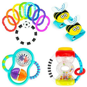 Babys First Rattles Developmental Giftset for Newborns + | Includes Wrist Rattles, Hourglass Rattle, 9 pc Ring O