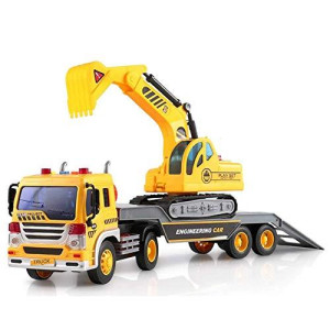 TOYTHRILL Tow Truck with Excavator Toy for Boys 2+ Year Old, Construction Truck Toy with Excavator, Semi Truck with Lights and Sounds, Flatbed Truck Toy Push and Go Construction Vehicle for Kids