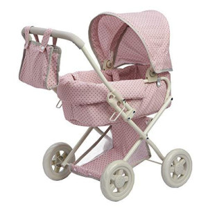 Olivia's Little World - Polka Dots Princess Baby Doll Deluxe Stroller - My First Baby Doll Foldable Stroller with Easy Removable Bassinet & Basket for Doll Accessories - Pink & Gray