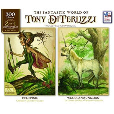 The Jigsaw Puzzle Factory 2-in-1 Tony Diterlizzi Field Pixie & Woodland Unicorn, Fantasy Puzzle games for Adults and Kids, 300 Piece, Prints Included