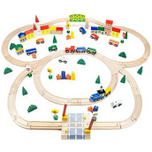 Conductor Carl TCON-201 100-Piece Train Track Town Starter Set Bulk Value Wooden Set with 34 Track Pieces, 12 Cars & Trains, 15 People/Signs, & 39 Trees/Houses