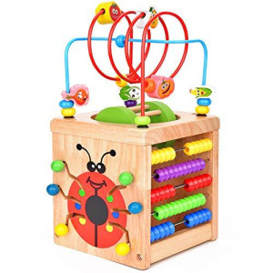 Victostar 6 in 1 Wooden Activity Cube Bead Maze Multipurpose Educational Toy Wood Shape Color Sorter for Kids