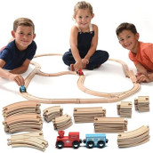 Play22 Wooden Train Tracks - 52 PCS Wooden Train Set + 2 Bonus Toy Trains - Train Sets for Kids - Car Train Toys is Compatible with Thomas Wooden Railway Systems and All Major Brands - Original