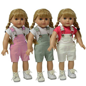 The New York Doll Collection Set of 3 Twill Overalls: Pink, Grey and White
