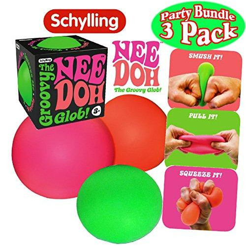 Schylling NeeDoh The Groovy Glob! Squishy, Squeezy, Stretchy Stress Balls Green, Orange & Pink Complete Gift Set Party Bundle - 3 Pack