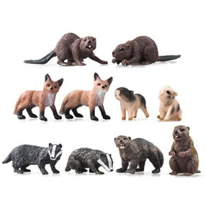 Toymany 10PCS Tiny Forest Animal Figures, Realistic Woodland Creatures Figurines Toy Set Includes Beavers Foxes Badgers, Easter Eggs Education Birthday Gift Christmas Toy for Kids Children Toddlers