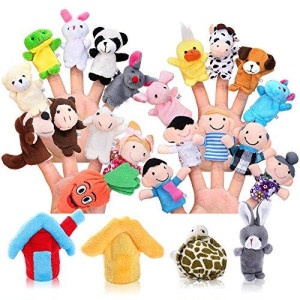 Auihiay 24 Pieces Finger Puppets Set Cloth Plush Doll Baby Educational Hand Cartoon Animal Toys with 15 Animals, 6 People Family Members, 2 Pieces House and 1 Piece Carrot