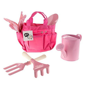 Hey! Play! Kids Garden Tool Set with Child Safe Shovel, Rake, Fork, Gloves, Watering Can and Canvas Tote- Mini Gardening Kit for Boys and Girls , Pink 4 x 7 x 6 inches