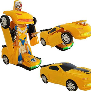 Battery Operated Bump and Go Transforming Toys for Kids -Auto Transforming Auto Robots Action Figure and Toy Vehicles - Realistic Engine Sounds & Beautiful Flash Lights (Yellow Racing Car)