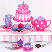 Sophia's Complete Cake & Tea Party Accessories Set with Teapot, Teacups, Utensils, Pretend Dessert and Drinks for 18 Dolls, Pink/Purple