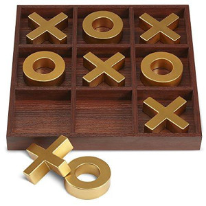 Refinery and Co. 10-Piece Premium Solid Wood Tic-Tac-Toe Board Game, Giant Gold 14 Outdoor/Indoor Party Set Toy for Children/ Adults, Classic Coffee Table Home Dcor, House Warming Gift