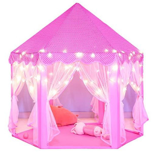 Sumerice Princess Castle Play Tent for Girls Girls Play Tent with Lights - Pink Kids Playhouse Tent Indoor Outdoor Games - Hexagon Children Play House Fairy Tent Toys Toddler Gifts