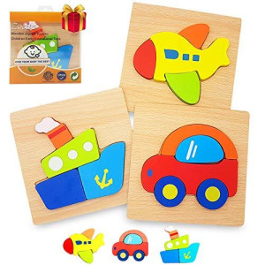 Zocita 3-Pack Chunky Jigsaw Puzzles, Boys&Girls Educational Wooden Puzzles Toy Gift with Vibrant Colors for Toddlers 1 2 3 Years Old(Vehicle)