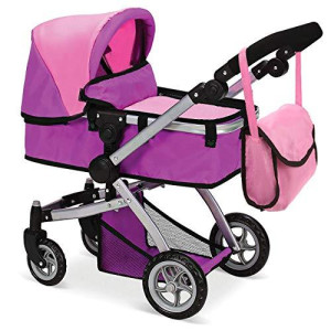 Mommy & Me Foldable Deluxe Toy Baby Doll Stroller with Swiveling Wheels, Adjustable Handle, Convertible Seat, Bassinet, and Diaper Bag