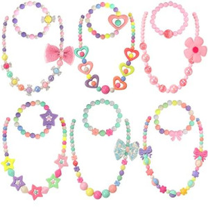 PinkSheep Beaded Necklace and Beads Bracelet for Kids, 6 Sets, Little Girls Jewelry Sets, Favors Bags for Girls (classic)
