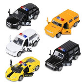KIDAMI Die Cast Metal Little Toy Cars Set of 5, Openable Doors Pull Back Car Gift Pack for Kids (Police car)