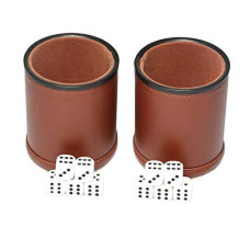 RERIVER Leather Dice Cup Set Felt Lining Quiet Shaker with 5 Dot Dices for Farkle Yahtzee Games, 2 Pack (Brown)