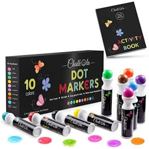 Chalkola Washable Dot Markers for Kids with Free Activity Book | 10 Colors Set | Water-Based Non Toxic Paint Daubers | Dab Marker Kit for Toddlers & Preschoolers | Fun Art Supplies
