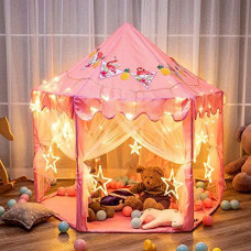 Twinkle Star 55"x 53" Princess Castle Play Tent for Girls Playhouse with 138 LED Star String Lights and Banners Decor, Kids Game House for Indoor Outdoor Game(Pink)