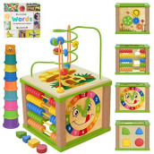 TOYVENTIVE Wooden Kids Baby Activity Cube - Girls Gift Set | 1st Birthday Gifts Toys for 1 One, 2 Year Old Girl | Developmental Toddler Educational Learning Girl Toys 12-18 Months | Bead Maze