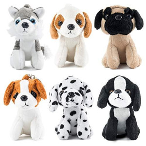 Prextex Puppies Plush Toys - Small Dog Stuffed Animals Bulk Set of 6 Dog Plushies | 5-Inch Cute and Cozy Little Dog Stuff Animals with Keychain | Puppy Stuffed Animal for Age 2-4 Year Old Girl and Boy