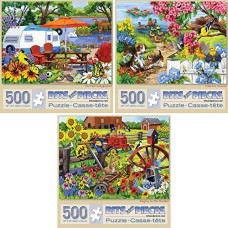 Bits and Pieces - 500 Piece Jigsaw Puzzles for Adults - Value Set of Three (3) - Farm and Animal Jigsaws by Artist Nancy Wernersbach - 18 x 24
