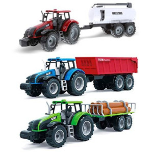 Mozlly Friction Powered Farm Tractor Vehicles, 16.5 Includes Farmer Tractor Water Tank and Log Trailer, Push & Go No Batteries Needed (3pc Set)