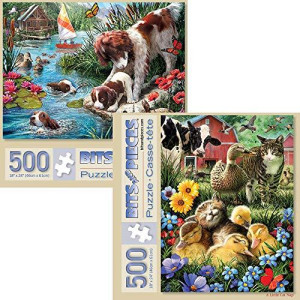 Bits and Pieces - Value Set of Two (2) 500 Piece Jigsaw Puzzles for Adults Cat Nap, Puppy Swimming - Each Puzzle Measures 18" X 24" - 500 pc Jigsaws by Artist Larry Jones