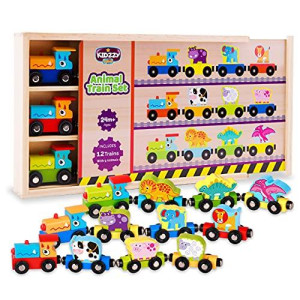 Wooden Trains Set (21 PCS) with 3 Dinosaurs 3 Farm 3 Zoo Animals with Box and Cover - Train Toys Magnetic Set Toy Train Sets for Kids Toddler Gift Toy for 2 Year Old Boys and Girls and up