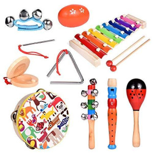 FUN LITTLE TOYS Toddler Musical Instrument Toy Set, Wooden Percussion Instruments Including Tambourine, Shaker Egg, Piccolo, Maracas, Babys First Christmas Ornament 2021, 12 PCs